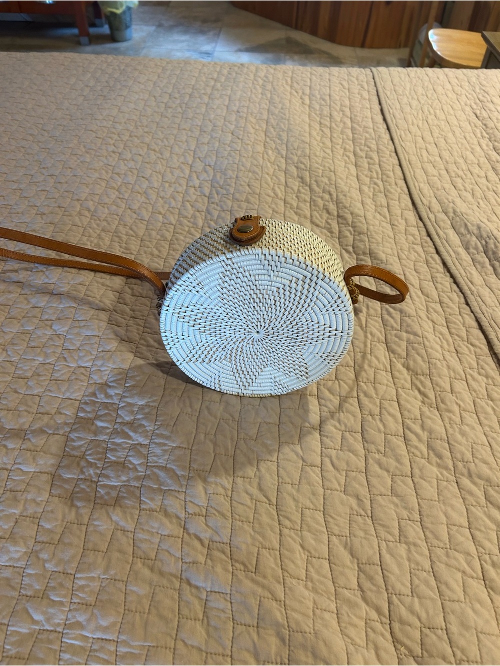 Woven Round Crossbody Bag with Tan Strap - White